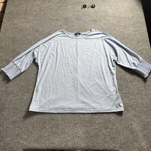 Womens Light Blue Crewneck Top 3/4 Length Smocked Cuffed Sleeve Casual Shirt 2X